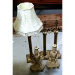 Three brass Classical column table lamps and a pair of Classical-style table lamps with urn and