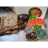 Two woven tapestry throws, two crochet table cloths, a painted oval trinket box,