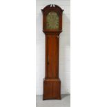 An early 19th century oak eight-day longcase clock, arched brass dial with date and moon phase,