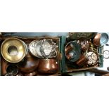 A quantity of antique copper and brassware to include a jam pan, bowls, various pots,