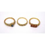 Three 9ct gold ladies' dress rings; one example set with small oval grey stone, size N,