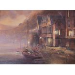 GORDON LEE; oil on board, fishing boats in evening harbour scene, 28 x 40cm, framed.