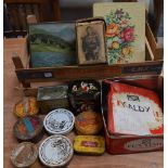 A quantity of various vintage tins to include an Edward VII example,