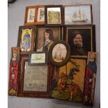 A quantity of paintings and prints to include an oil on wood of a knight,