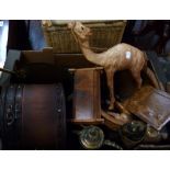 A collectors' lot to include a treen circular box, leather animals including a camel,