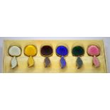 A set of Norwegian 925 silver and gold gilt enamelled coloured spoons with feather-shaped handles,