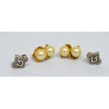Two pairs of vintage Givenchy costume earrings, yellow metal shell design set with two pearls,