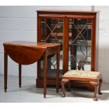 A reproduction mahogany inlaid Pembroke side table on tapering supports,