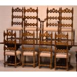 A mahogany rectangular dining table on twin stepped base supports,