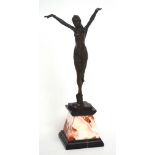 A large hot cast bronze Art Deco style figure of a female dancer in Egyptian dress, on marble base,