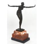 A large hot cast bronze Art Deco style figure of a female dancer in Egyptian dress, on marble base,