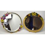 Two Barbola decorated mirrors, one circular with two floral sprigs to frame,