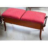 An Edwardian mahogany upholstered adjustable duet stool with inlaid decoration, outswept legs,