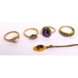 Four ladies' rings; an 18ct gold ring with three diamonds on a twist, size K,