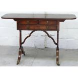 A reproduction mahogany drop-leaf side table with two small drawers over one long drawer,