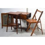 An oak side table on baluster supports, a vintage folding chair,