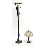 An Art Deco style uplighter with wrought iron support and frosted glass shade,