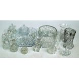 A small quantity of clear cut and pressed glass to include dressing table jars, scent bottles,