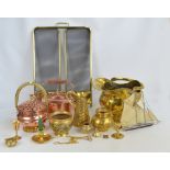 A quantity of predominantly brass metalware including a coal scuttle, a fire screen, a water jug,