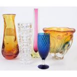 Five pieces of decorative glass including a 1960s Murano flat slender baluster vase in cranberry