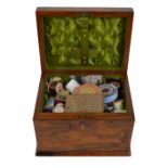 A Victorian walnut sewing box with hinged lid and fall-front enclosing single drawer,