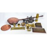 A quantity of metalware including a miner's lamp, copper warming pan, inkwell, coffee pot, etc.