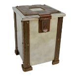 An Arts and Crafts style chromed square section tea caddy with ornamental incised decorated copper