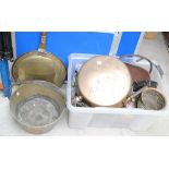 A quantity of metalware to include a copper and brass warming pan, two brass jam pans,