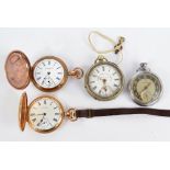 WALTHAM; a gold plated crown wind full hunter pocket watch with white enamel dial,