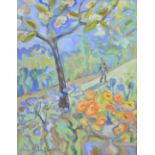 JANICE SYLVIA BROCK; oil on canvas, 'Coteau', figural landscape with blossoming trees,