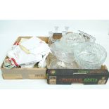 A group of clear cut and mould glass to include a pair of candlesticks, dressing table jars,