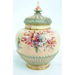 A large Royal Worcester blush ivory porcelain jar and pierced cover with moulded wicker basket