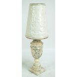 A white marble fluted urn shaped lamp base on square foot, height 41.