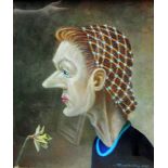 FRANK HADLEY; oil on canvas 'Woman Wearing a Snood and Holding a Dying Daffodil', signed,