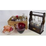 A quantity of clear glassware including cut glass tapering vases, bowl, decanters,