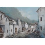 IGLESIAS; oil on canvas, mountainous town street scene with man and donkey, signed to lower right,