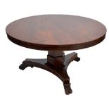 A 19th century mahogany breakfast table with tilt-top on large faceted column and tripartite base.