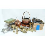 A quantity of various metalware to include two copper spirit kettles (one af),