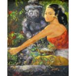 UNATTRIBUTED; oil on canvas, study of a Balinese girl beside a statue, indistinctly signed,