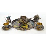 A Chinese six piece cloisonné tea set for two comprising a teapot, length 19.