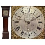 A late 18th century longcase clock with flat mould cornice above square brass dial and silvered