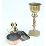 A small group of metalware to include a brass jardinière modelled as an Egyptian woman supporting a