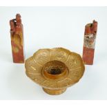 A pair of Chinese carved soap stone seals (one af), and a Chinese pressed metal candle holder (3).