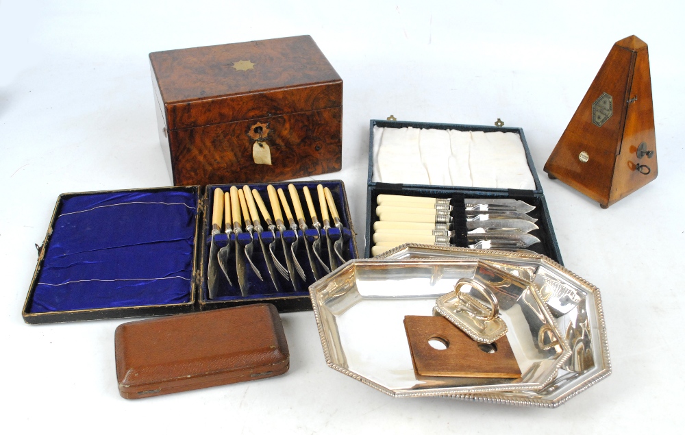 A Victorian burr walnut and walnut work box (lacking interior), a metronome,