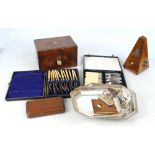 A Victorian burr walnut and walnut work box (lacking interior), a metronome,