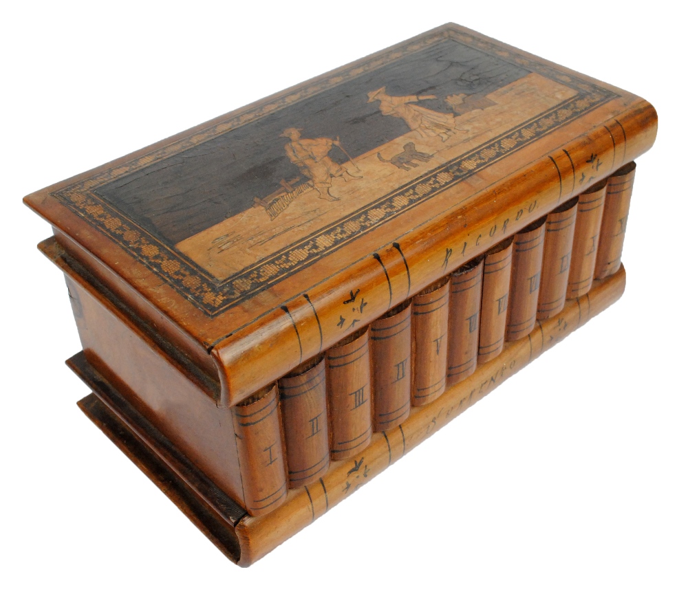 An early 20th century inlaid Sorrento box in the form of small and large books,