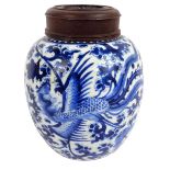 A 19th century Chinese blue and white ginger jar decorated with two exotic birds and with pierced