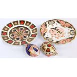 Two Royal Crown Derby paperweights; quail (silver plug) and tortoise (porcelain plug, a second),