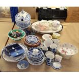 A quantity of decorative and tableware ceramics including a blue and white lidded tureen,