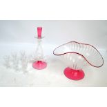 A large clear and ruby tinted air twist decorated footed bowl, length 36cm,